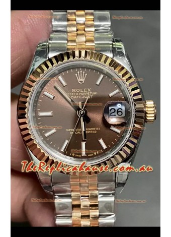 Rolex Datejust Super Clone Brown Dial 2 Tone Rose Gold Watch 28MM