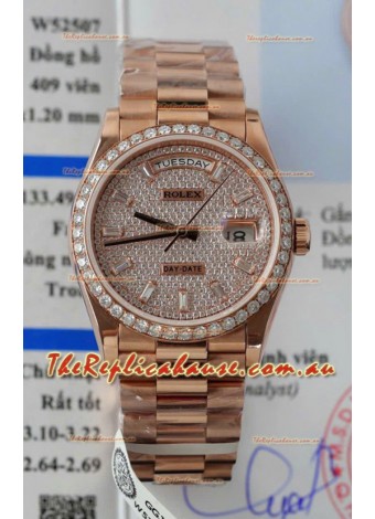 Rolex Day Date Super Clone Rose Gold Plated Custom Modified Diamonds Paved Watch