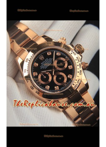 Rolex Daytona Japanese Movement Gold Casing Replica Watch in Black Dial 