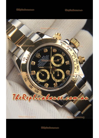 Rolex Daytona Japanese Movement Two Tone Gold Casing Watch in Black Dial 
