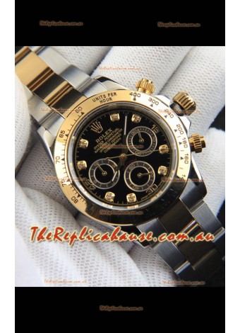 Rolex Daytona Japanese Movement Two Tone Gold Casing Watch in Black Dial 