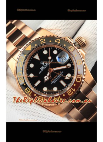 Rolex GMT Masters II Rose Gold Plating Japanese Replica Watch Black Dial