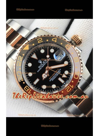 Rolex GMT Masters II 2 Tone Rose Gold Plating Japanese Replica Watch Black Dial
