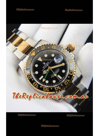 Rolex GMT Masters II 2 Tone Rose Gold Plating Japanese Replica Watch Black Dial