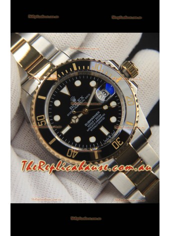 Rolex Submariner Japanese Replica Watch 904L 2 Tone Yellow Gold - Ceramic Bezel in Black