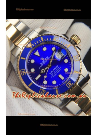 Rolex Submariner Japanese Replica Watch 904L 2 Tone Yellow Gold - Ceramic Bezel in Blue