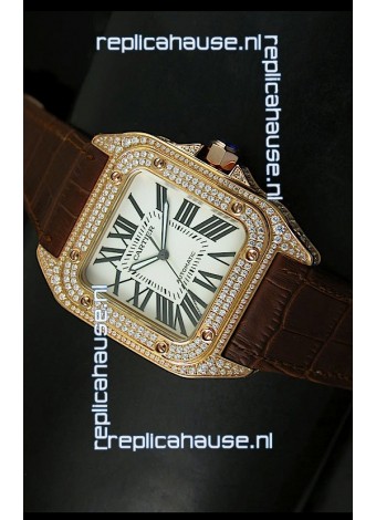 Cartier Santos 100 1:1 Mirror Replica Rose Gold Diamonds Watch 42MM