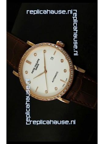 Patek Philippe Calatrava 5298 Swiss Replica Watch in Pink Gold Casing - Diamonds Hours