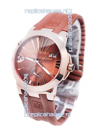 Ulysse Nardin Executive Dual Time Japanese Replica Rose Gold Watch in Brown Dial