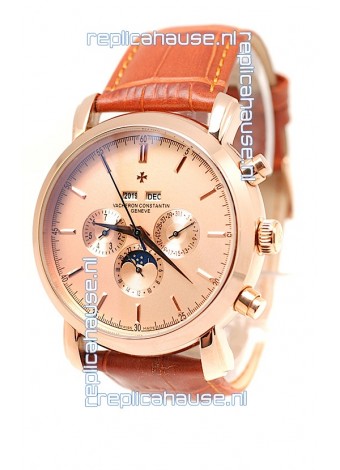 Vacheron Constantin Malte Perpetual Chronograph Japanese Replica Watch in Brown Strap