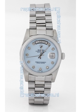 Rolex Day Date Silver Japanese Replica Watch in Mother Of Pearl Blue Dial