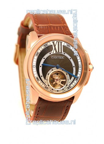 Calibre de Cartier Flying Tourbillon Japanese Replica Rose Gold Watch in Black Dial