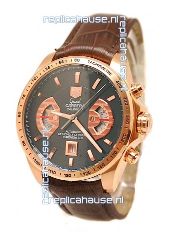 Tag Heuer Grand Carrera Japanese Replica Gold Watch in Black Dial