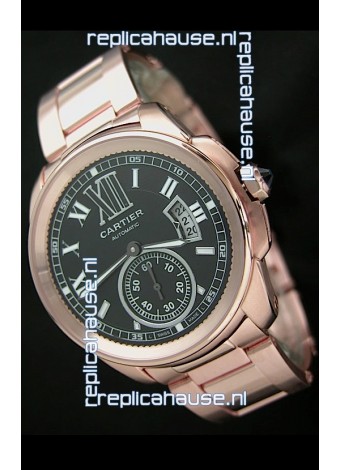 Calibre De Cartier Japanese Automatic Replica Rose Gold Watch in Black Dial