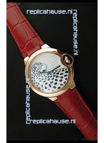 Ballon De Cartier Watch in Brown Leather Strap Leopard Dial