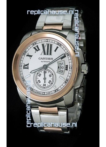 Cartier Calibre de Japanese Replica Rose Gold Watch in White Dial