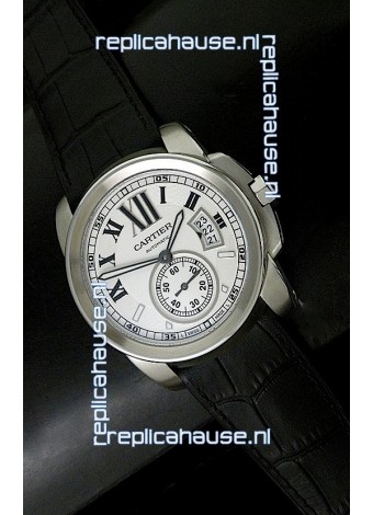 Cartier Calibre de Japanese Replica Steel Watch in Black Leather Strap