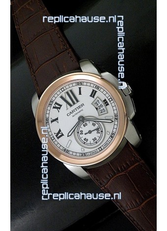 Cartier Calibre de Japanese Replica Steel Watch in Brown Leather Strap