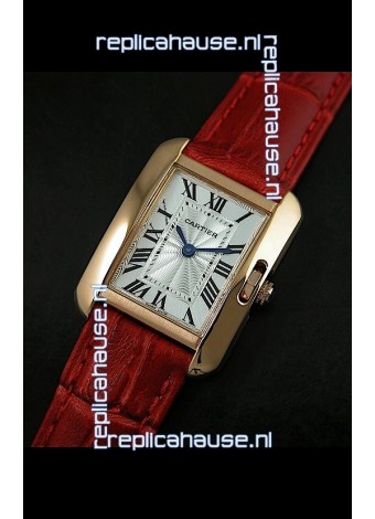 Cartier Louis Japanese Replica Ladies Rose Gold Watch in Red Strap