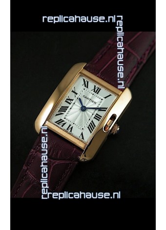 Cartier Louis Japanese Replica Ladies Rose Gold Watch in Red Wine Strap