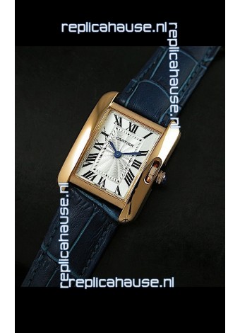 Cartier Louis Japanese Replica Ladies Rose Gold Watch in Blue Strap