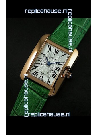 Cartier Louis Japanese Replica Ladies Rose Gold Watch in Green Strap