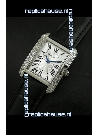 Cartier Louis Japanese Replica Ladies Diamond Watch in Black Strap