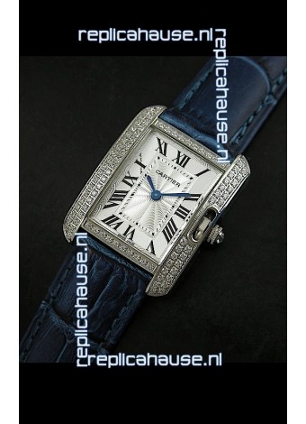 Cartier Louis Japanese Replica Ladies Diamond Watch in Blue Strap