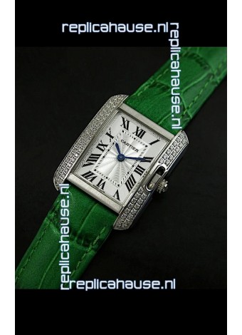 Cartier Louis Japanese Replica Ladies Diamond Watch in Green Strap