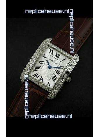 Cartier Louis Japanese Replica Ladies Diamond Watch in Brown Strap