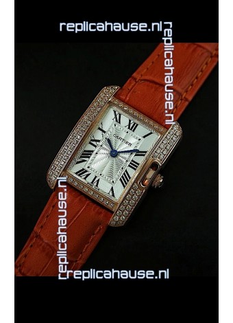 Cartier Louis Japanese Replica Ladies Rose Gold Diamond Watch in Orange Strap