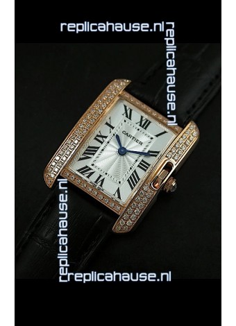 Cartier Louis Japanese Replica Ladies Rose Gold Diamond Watch in Black Strap