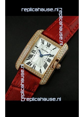 Cartier Louis Japanese Replica Ladies Rose Gold Diamond Watch in Red Strap