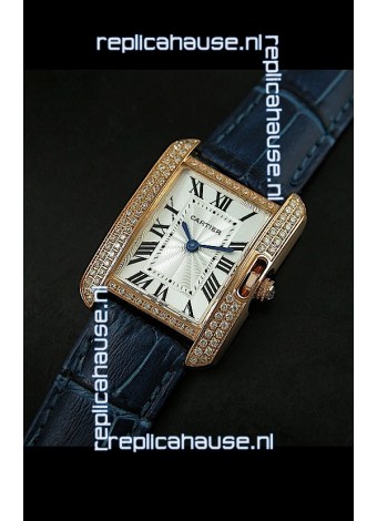 Cartier Louis Japanese Replica Ladies Rose Gold Diamond Watch in Blue Strap