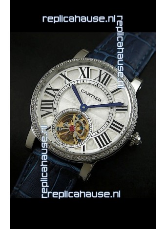 Cartier Ronde de Tourbillon Japanese Replica Diamond Watch in Blue Strap