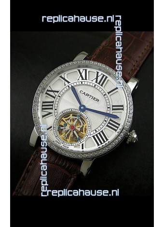 Cartier Ronde de Tourbillon Japanese Replica Diamond Watch in Brown Strap