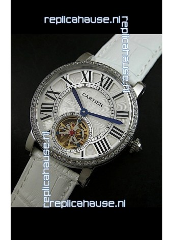 Cartier Ronde de Tourbillon Japanese Replica Diamond Watch in White Strap
