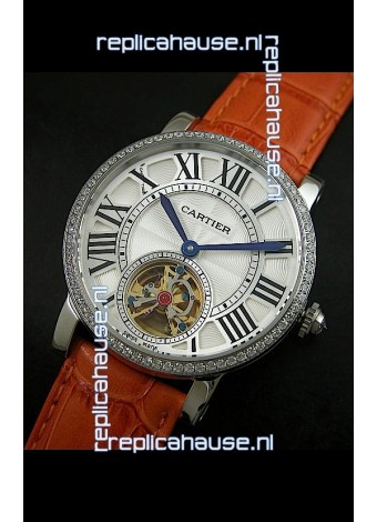Cartier Ronde de Tourbillon Japanese Replica Diamond Watch in Brown Strap