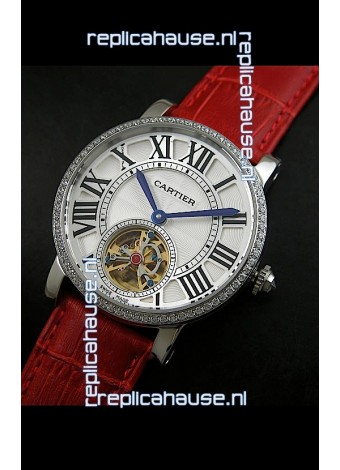 Cartier Ronde de Tourbillon Japanese Replica Diamond Watch in Red Strap