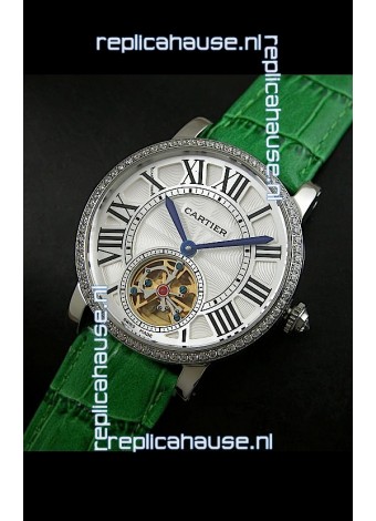 Cartier Ronde de Tourbillon Japanese Replica Diamond Watch in Green Strap