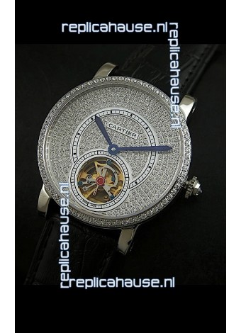 Cartier Ronde de Tourbillon Japanese Replica Diamond Watch in Black Strap