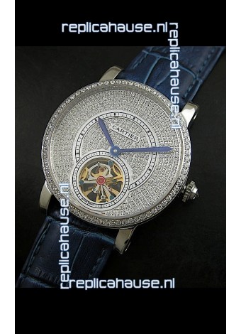 Cartier Ronde de Tourbillon Japanese Replica Diamond Watch in Blue Strap