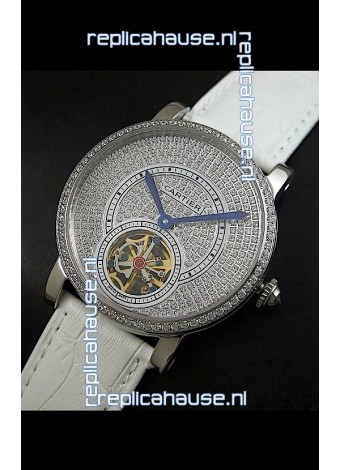 Cartier Ronde de Tourbillon Japanese Replica Diamond Watch in White Strap