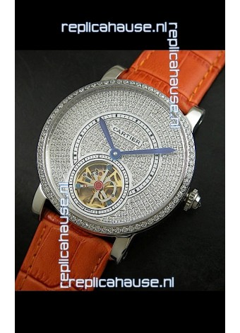 Cartier Ronde de Tourbillon Japanese Replica Diamond Watch in Orange Strap