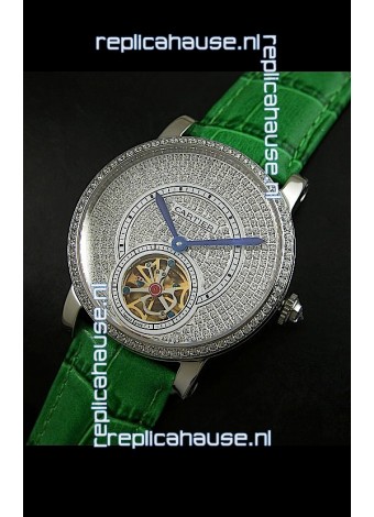 Cartier Ronde de Tourbillon Japanese Replica Diamond Watch in Green Strap