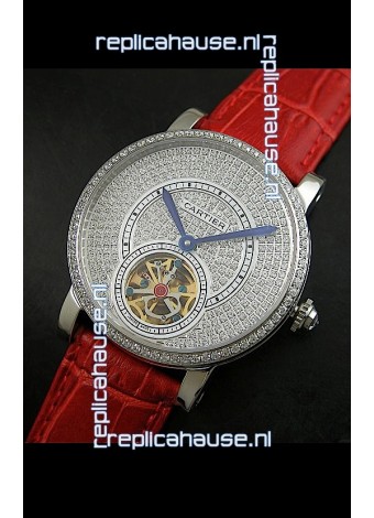 Cartier Ronde de Tourbillon Japanese Replica Diamond Watch in Red Strap