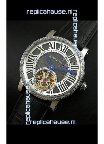 Cartier Ronde de Tourbillon Japanese Replica Diamond Watch in Black Dial