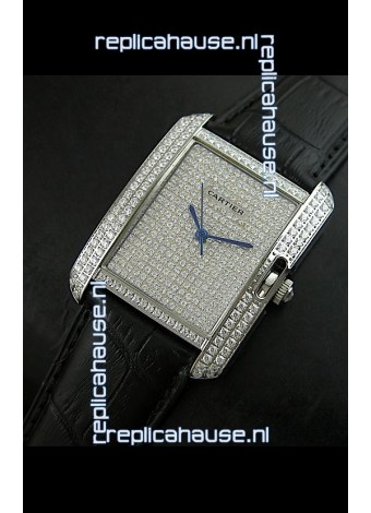 Cartier Tank Anglaise Ladies Replica Watch in Steel/Black Strap