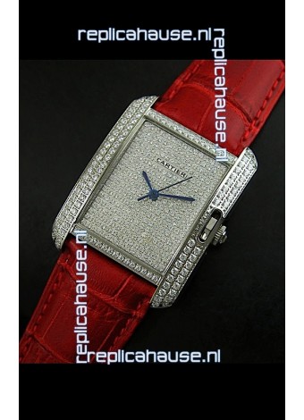 Cartier Tank Anglaise Ladies Replica Watch in Steel/Red Strap