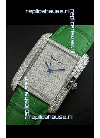 Cartier Tank Anglaise Ladies Replica Watch in Steel/Green Strap
